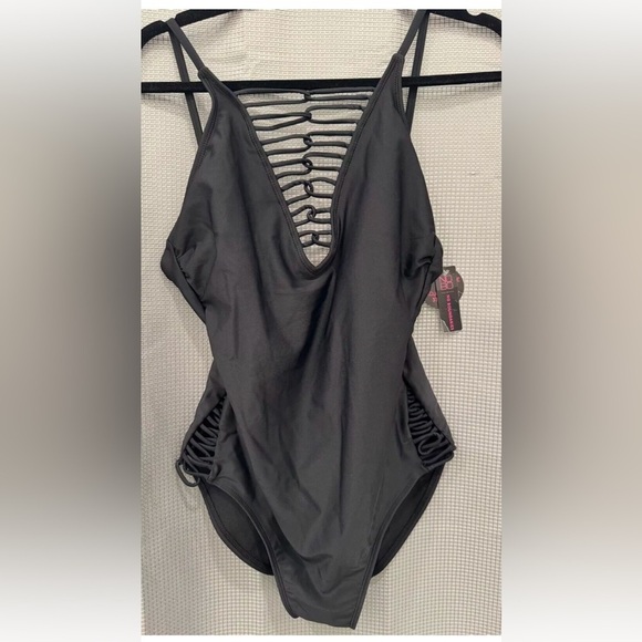 Laced Down Sides Bathing Swim Suit Corset Size Large Black Sexy Strappy Padded - Picture 2 of 7